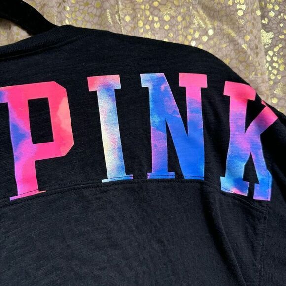 PINK Victorias Secret Black 3/4 Sleeve Watercolor Logo Shirt Small - Picture 4 of 6